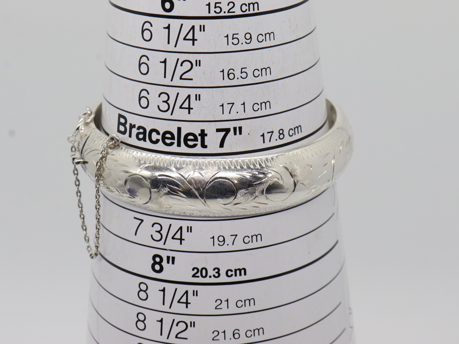 Sterling Silver 14mm Engraved Bangle Bracelet Safety Chain 26.92 grams lite ding