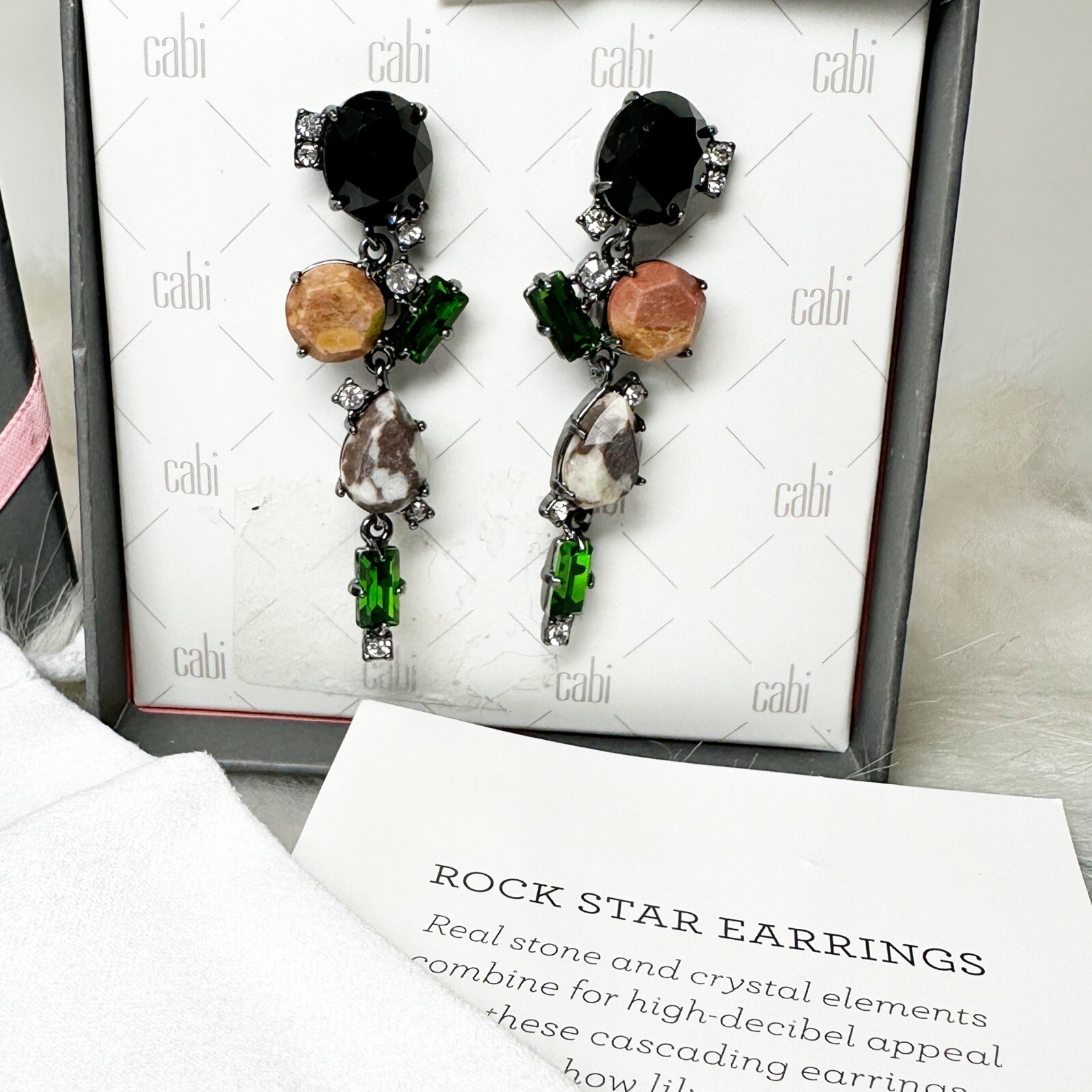 Cabi Rockstar Gemstone Crystal Dangle Earrings Dust Bag Paperwork Box New w/Box