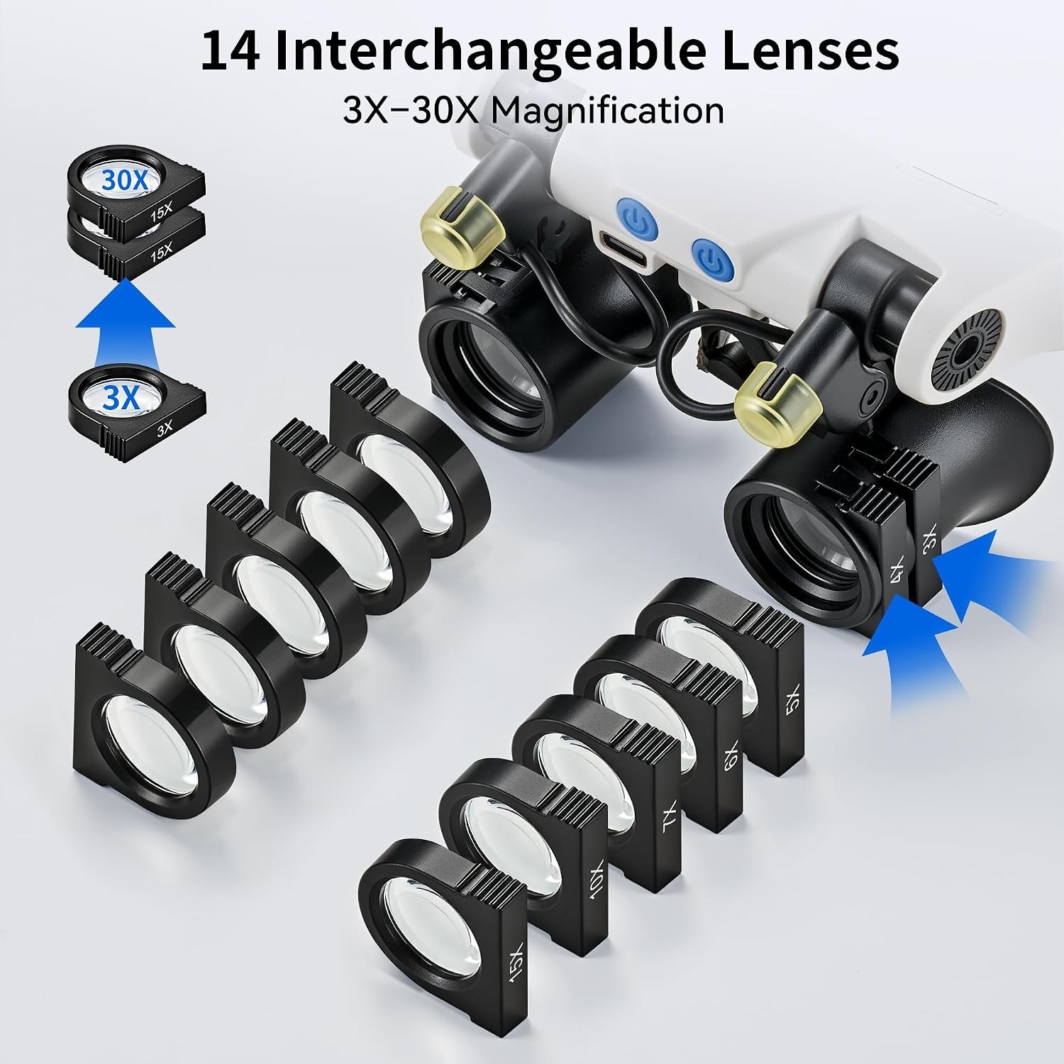 Magnifying Glasses with LED Light, Hands Free Magnifier with 14 Interchangeab…