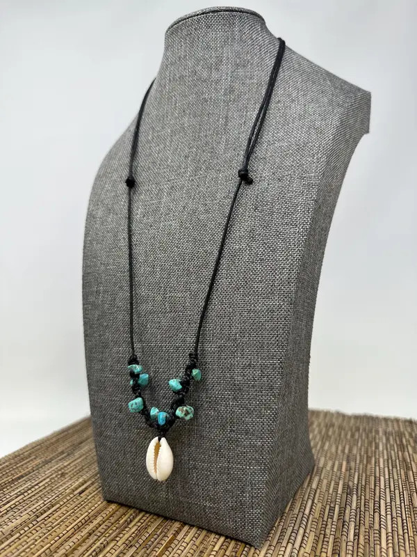 Cowrie Shell Necklace Gemstone Beads Adjustable Black Cord Boho Beach Unisex