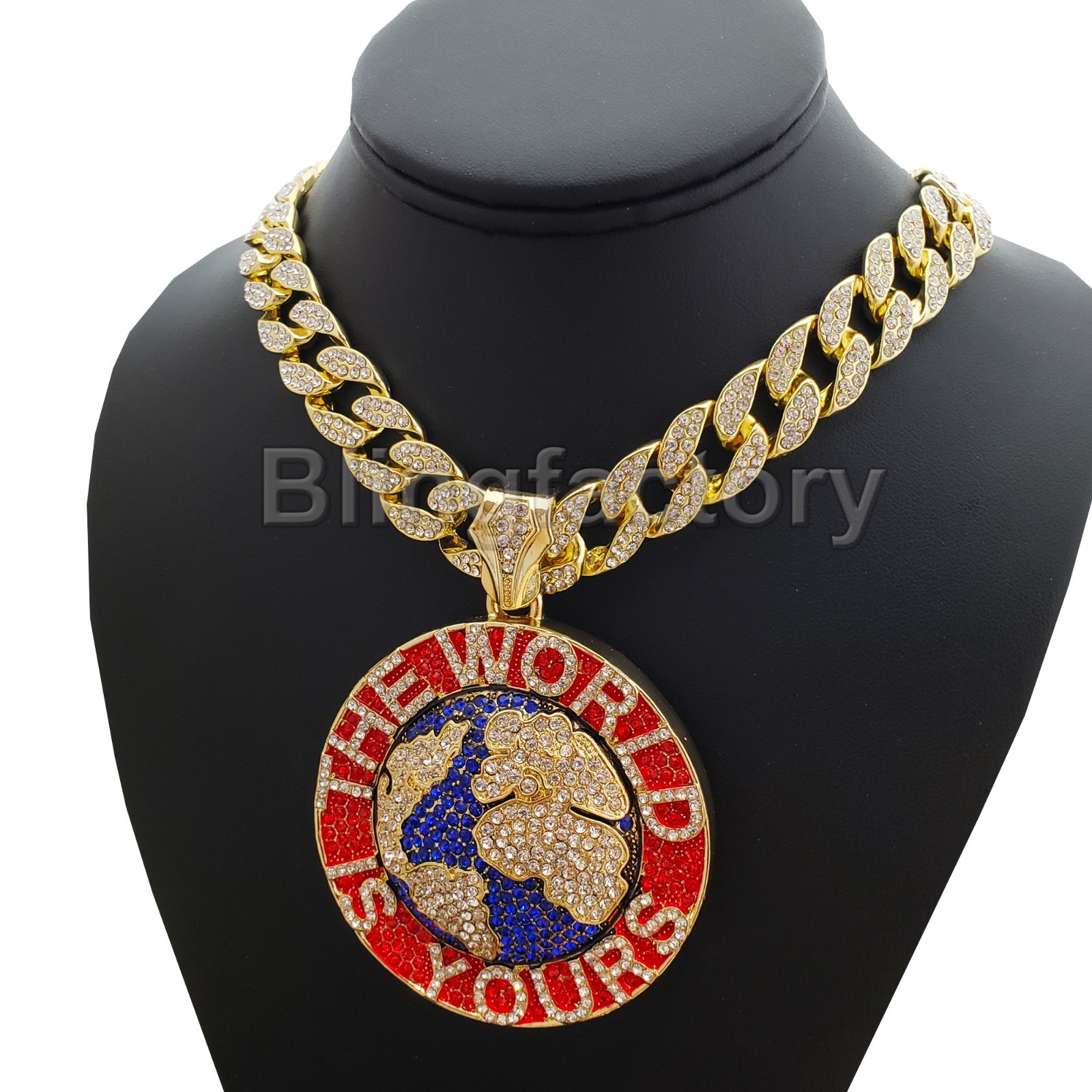 THE WORLD IS YOURS PENDANT & ICED CUBIC ZIRCONIA CUBAN CHAIN HIP HOP NECKLACE