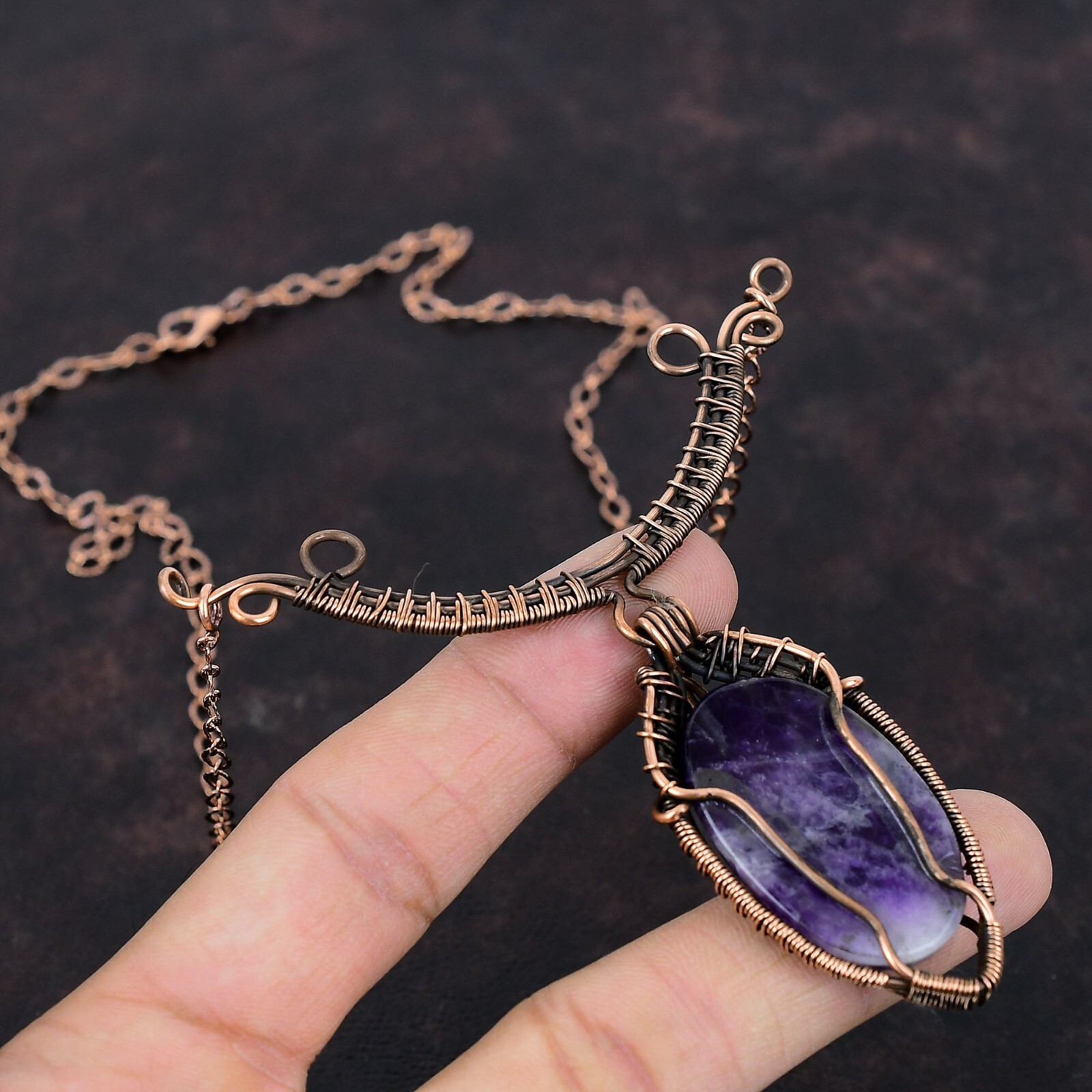 Chevron Amethyst Copper Gift For Bridesmaid Wire Wrapped Adjustable 18.0″