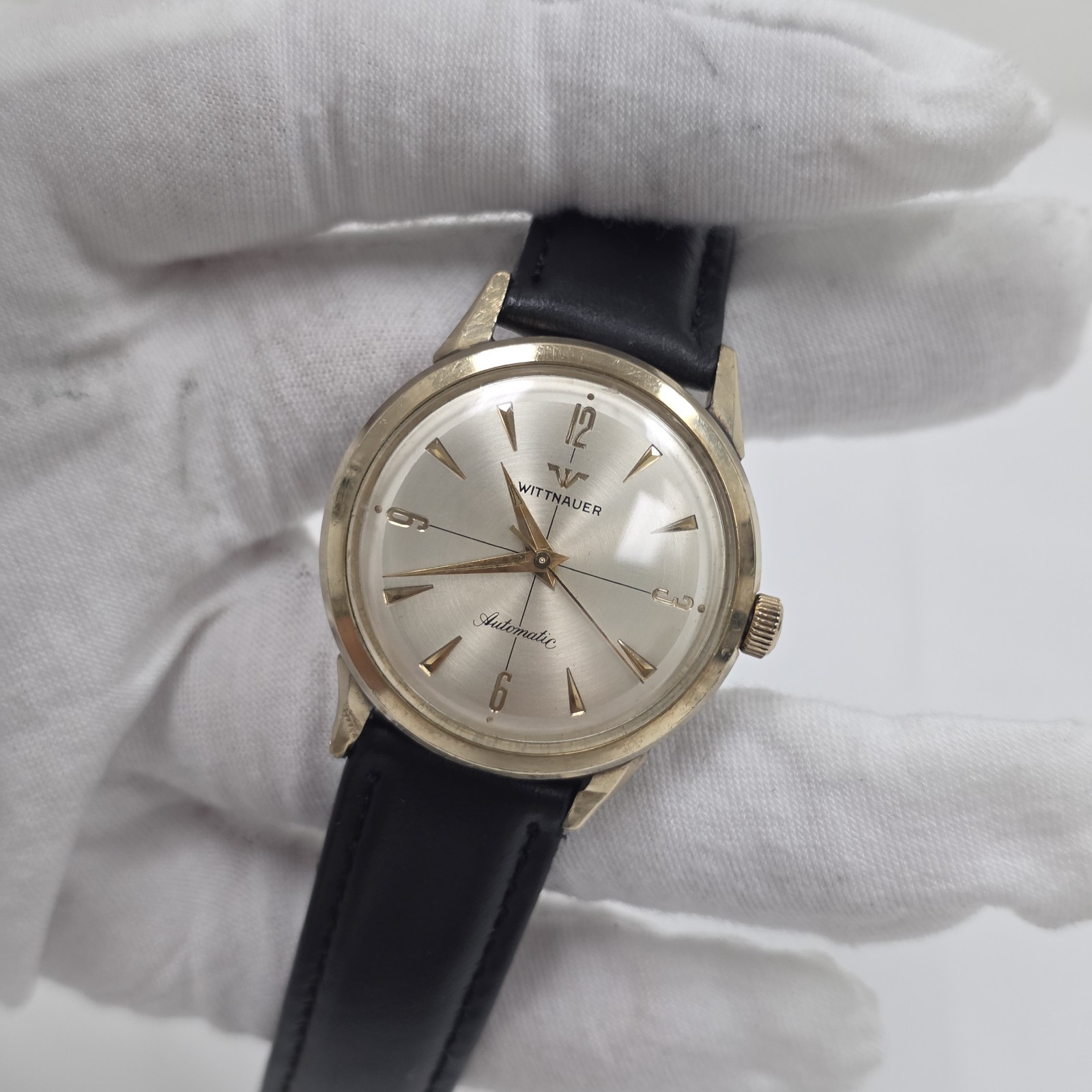 Vtg Wittnauer Mens Automatic Watch Swiss 11SR 17J 34mm Crosshair 10k Gold Filled