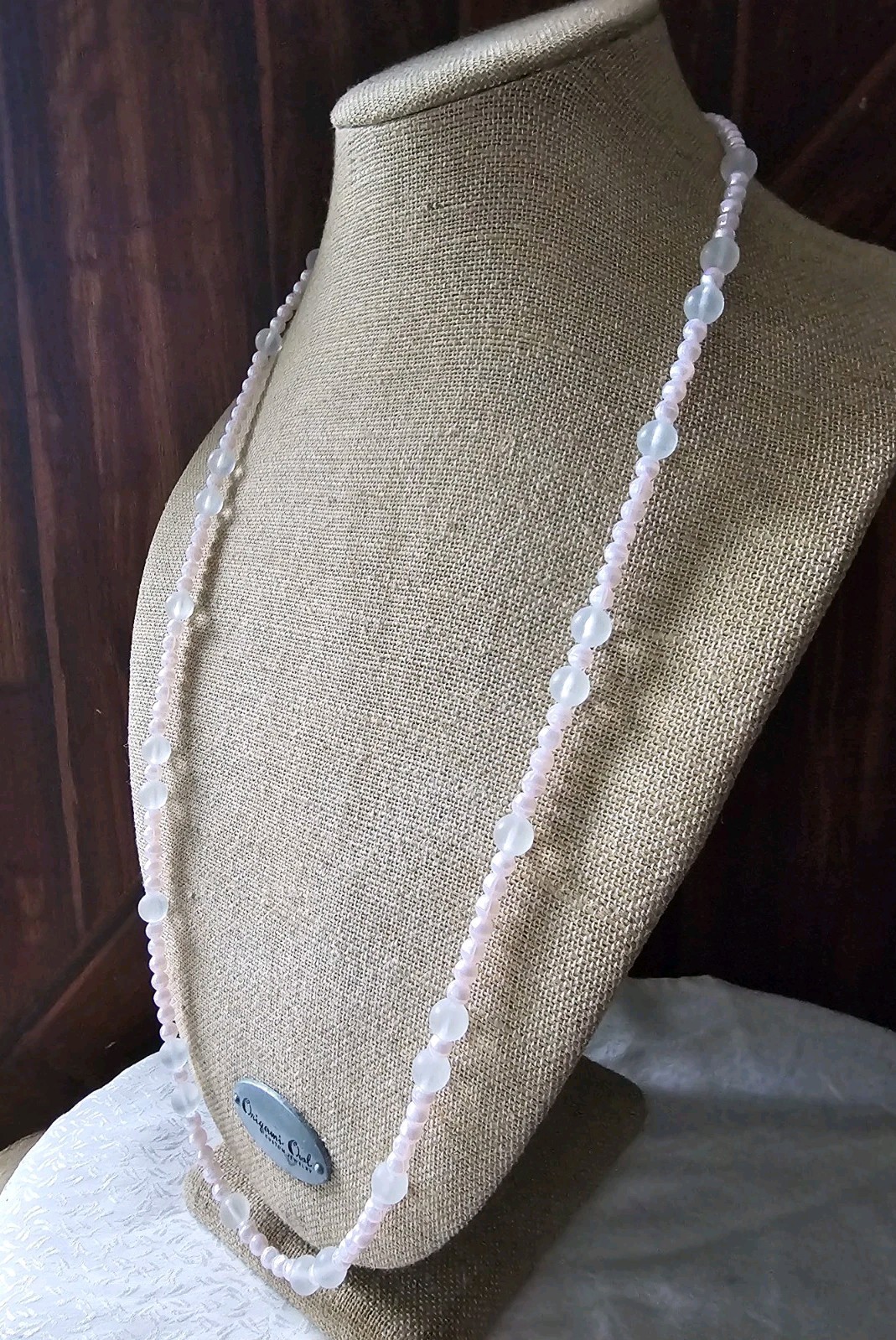 Monet Pink Faux Pearl 5.7mm & Translucent 9.7mm Bead Necklace 36″ Signed Vtg