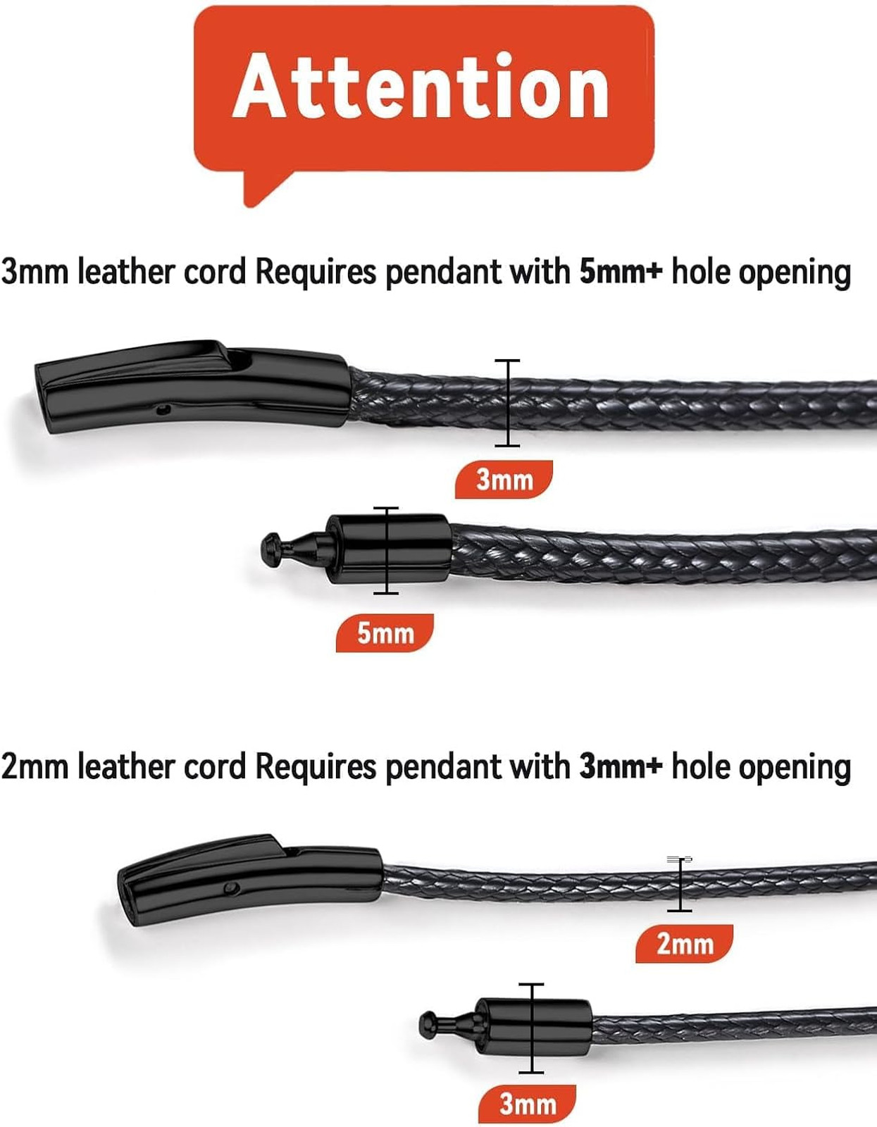 Men’s Leather Necklace Cord with Stainless Steel Clasp 2mm 3mm 16-30in Black