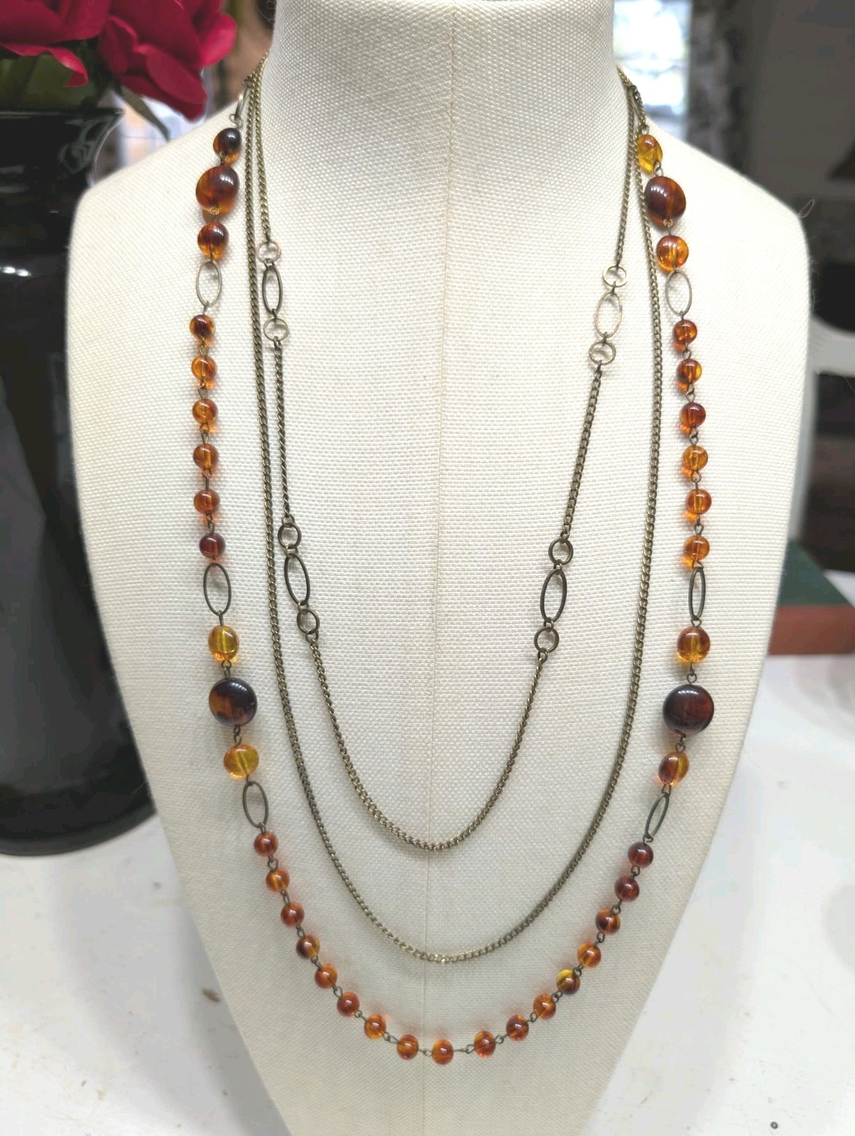 Long Amber Colored Beads Necklace- w/2 Plain chains