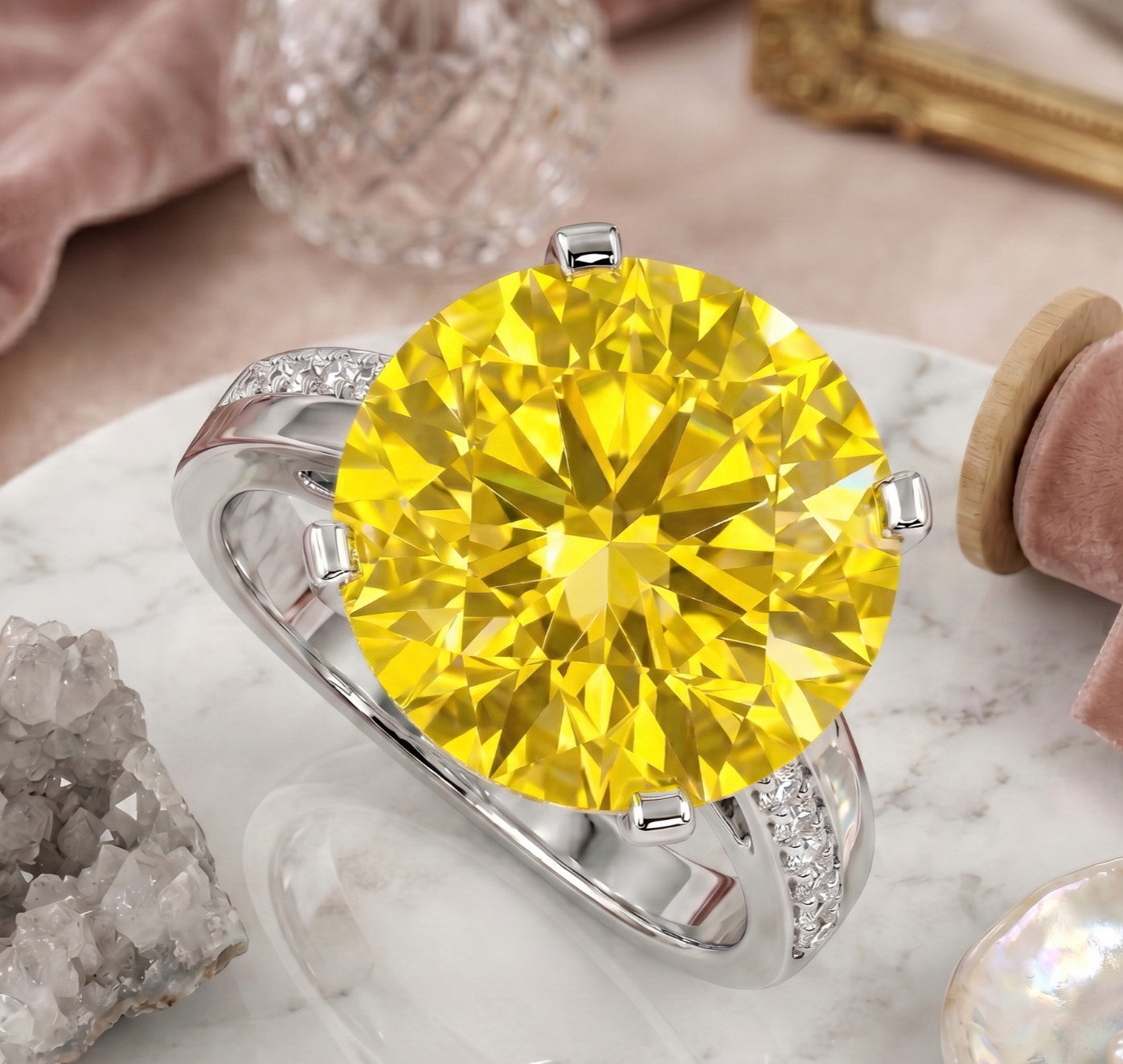 6.00 Ct Certified Round Cut Yellow Natural Diamond Ring VVS1 White Gold Finish