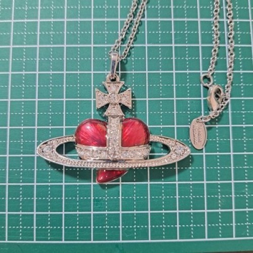 Vivienne Westwood Diamante Heart Orb Large Necklace Silver Red with drawstring