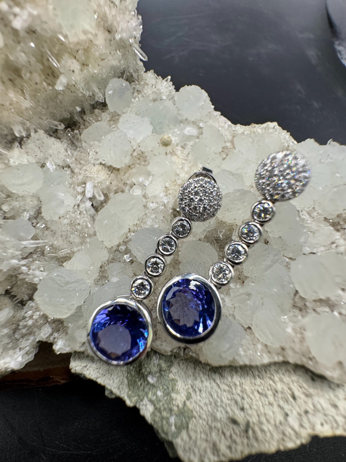 Elegant 14K White Gold Tanzanite & Diamond Drop Earrings