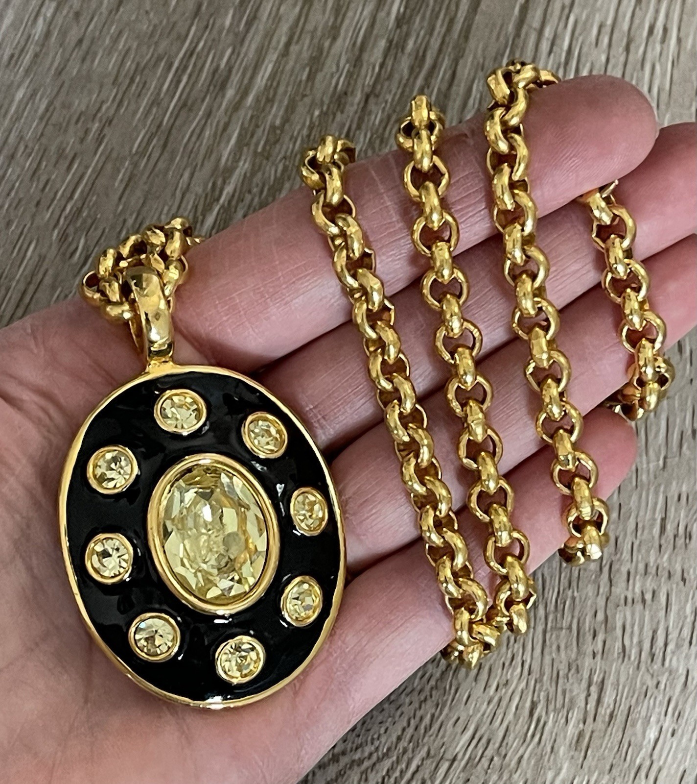 Rare 90s Giorgio Beverly Hills Rolo Chain Yellow Crystal Black Enamel Pendant