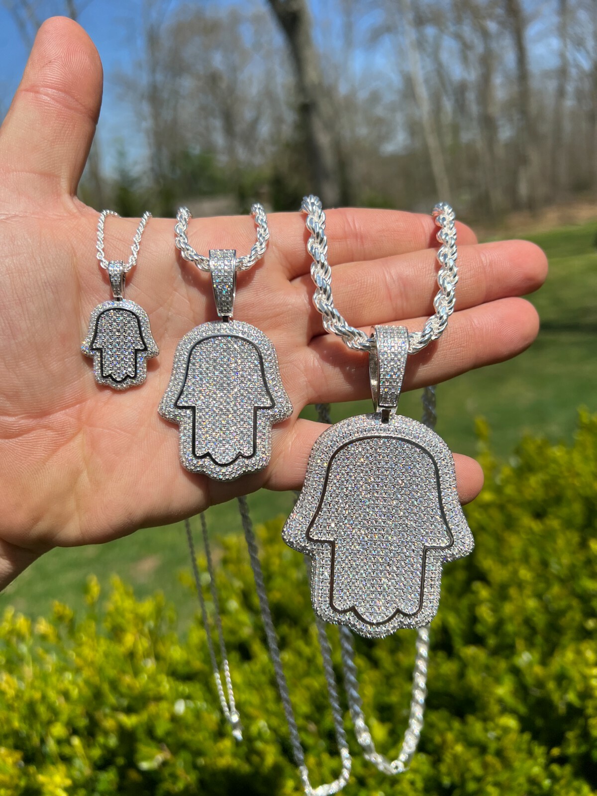 Real 925 Sterling Silver MOISSANITE Hamsa Hand Iced Pendant Passes Tester