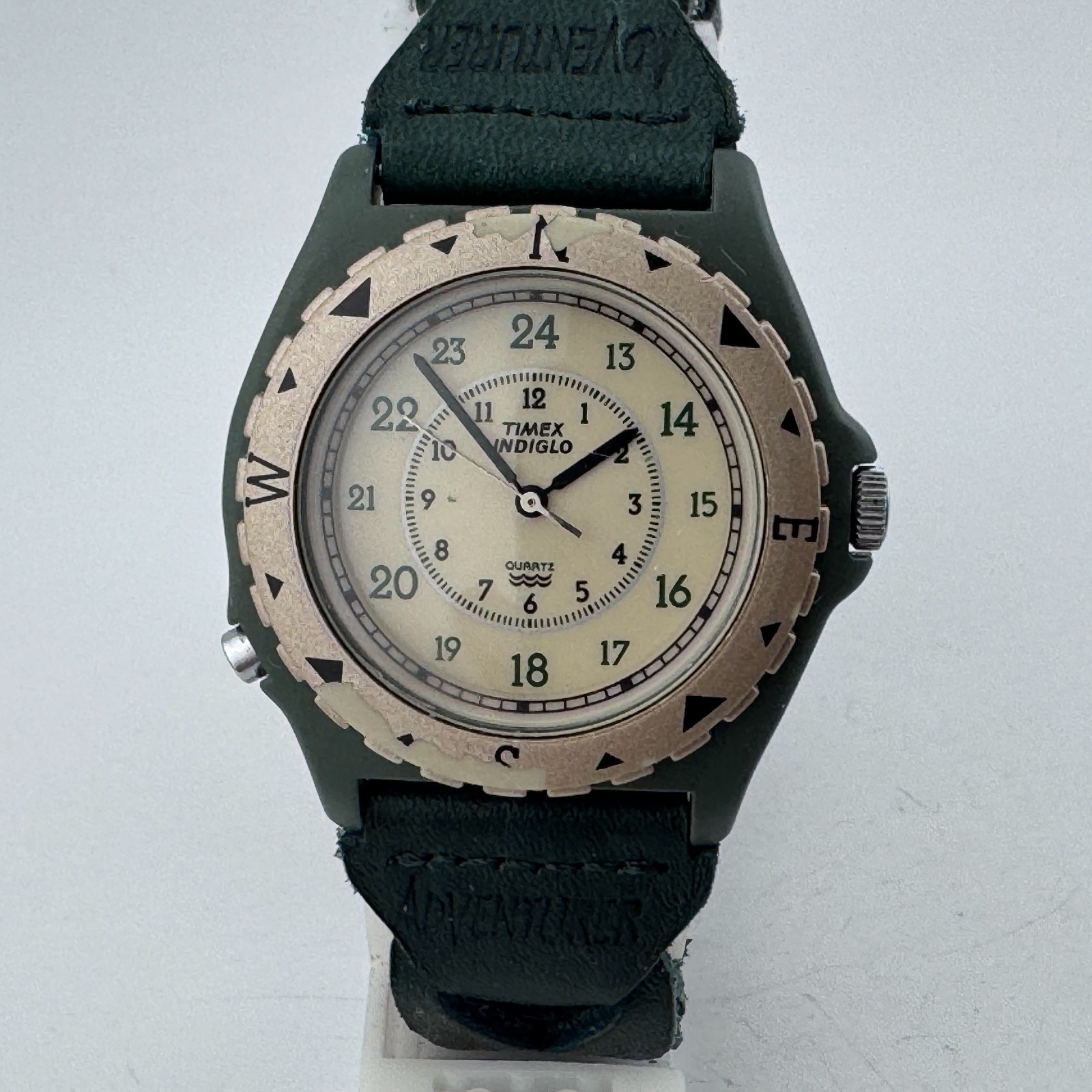 VTG Timex Quartz Watch Men Rotating Bezel Military Dial Beige Green New Battery