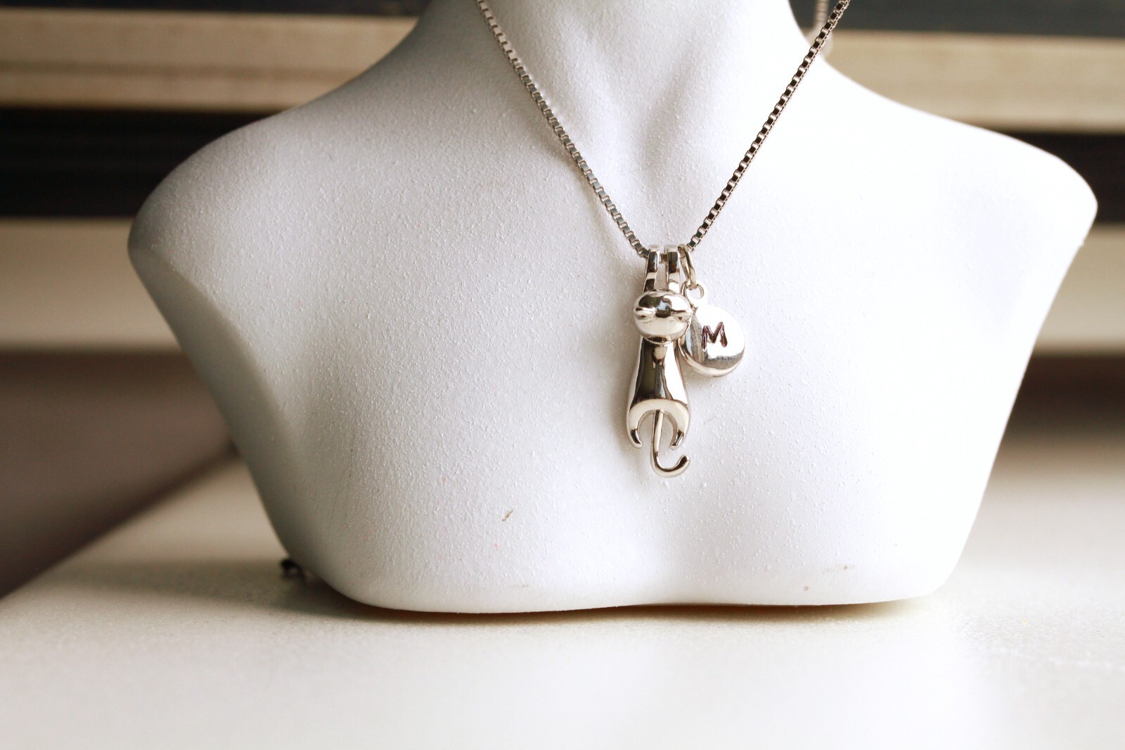 Cat Necklace Sterling Silver Initial Engraved Gift Girlfriend Women