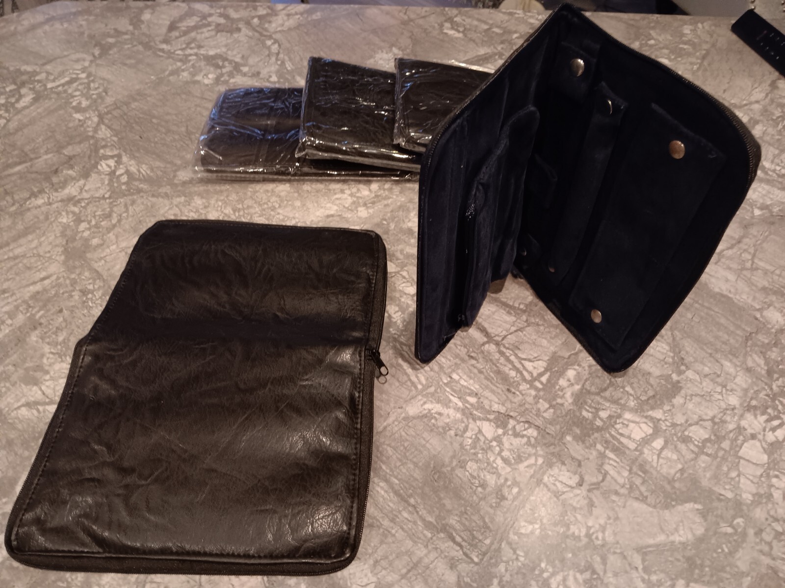 Black Leather (Polyester) Folding Zippered Jewelry Clutch Case- Lot Of 5- NEW