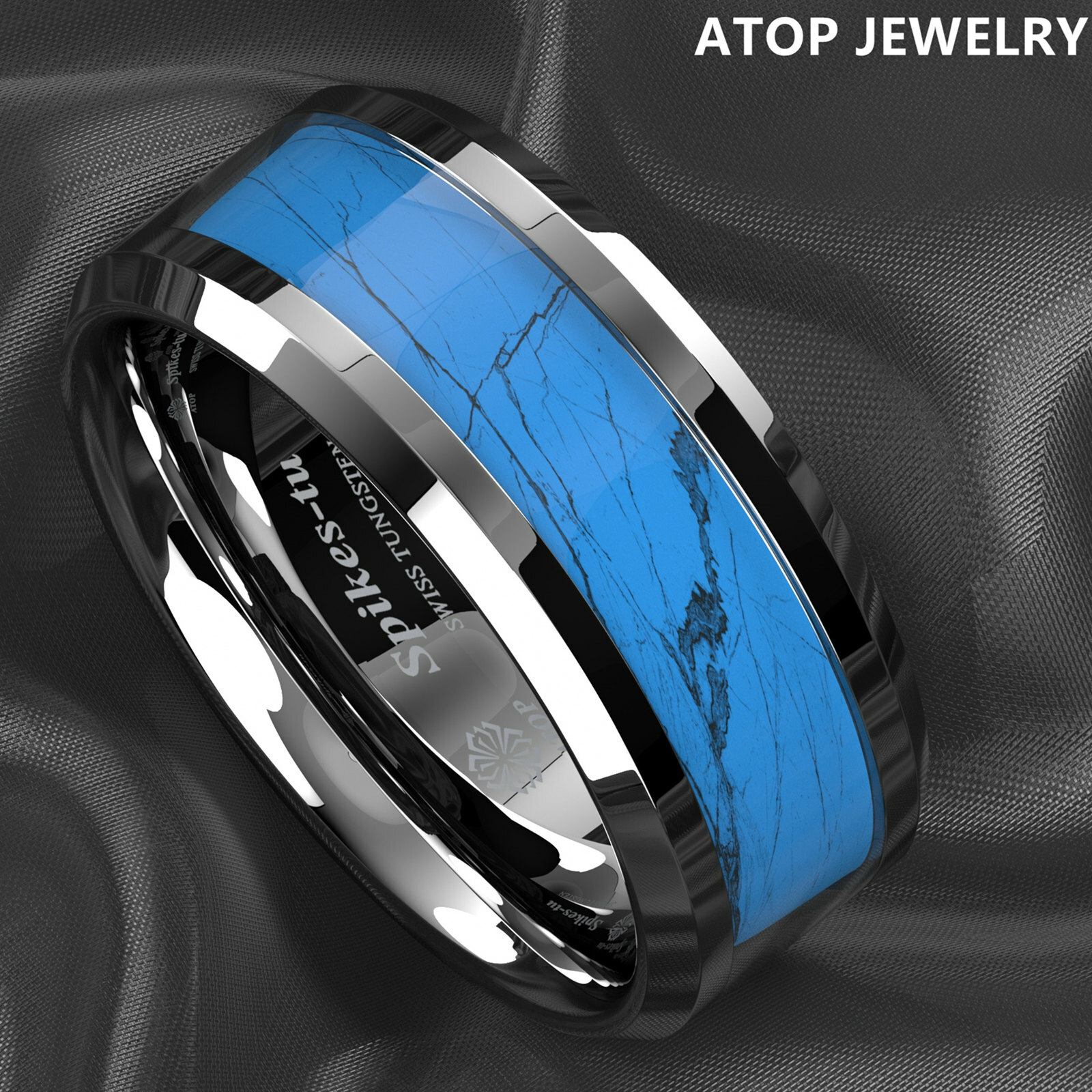 8mm Silver Edge Tungsten Carbide Ring Manmade Turquoise Engagement Wedding Band