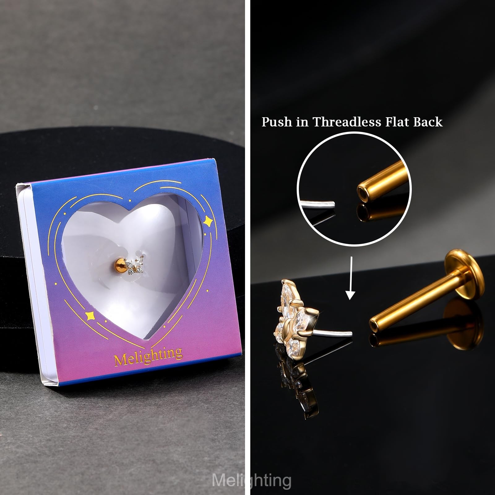 14K Solid Gold Butterfly Cartilage Earring – Titanium Threadless Push In Earr…