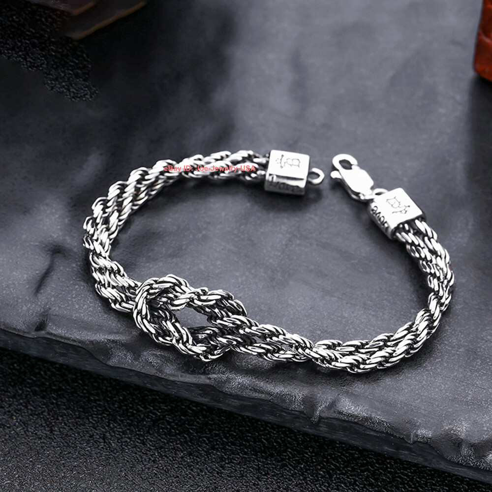 Pure 925 Sterling Silver Men’s Bracelet 3mm 2-Line Rope Link Chain 6.69-7.48inch