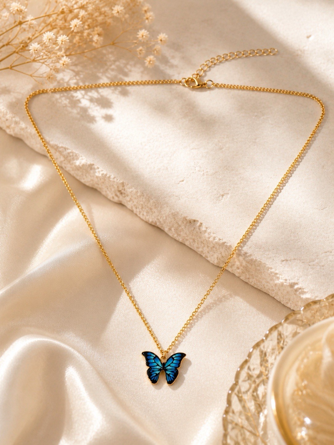 Blue Butterfly Pendant Necklace Gold Tone Chain Gift Box Included for Women