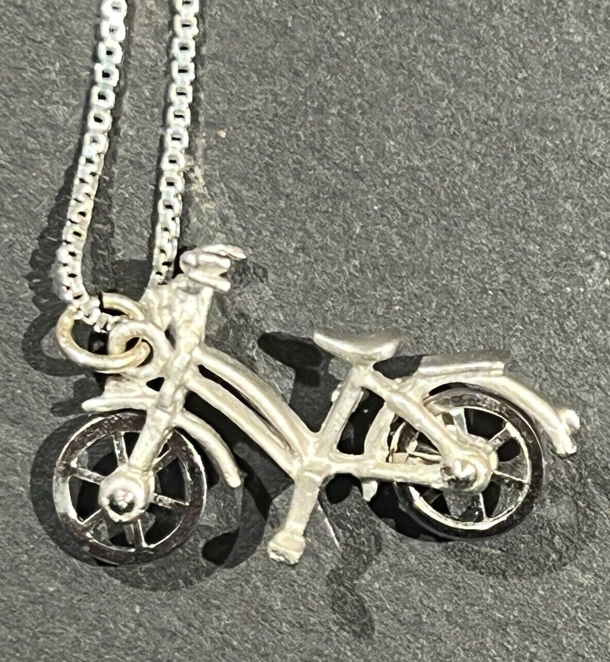 Vintage Bicycle Pendant Charm Necklace Sterling Silver 17” Box Chain Tires Spin!