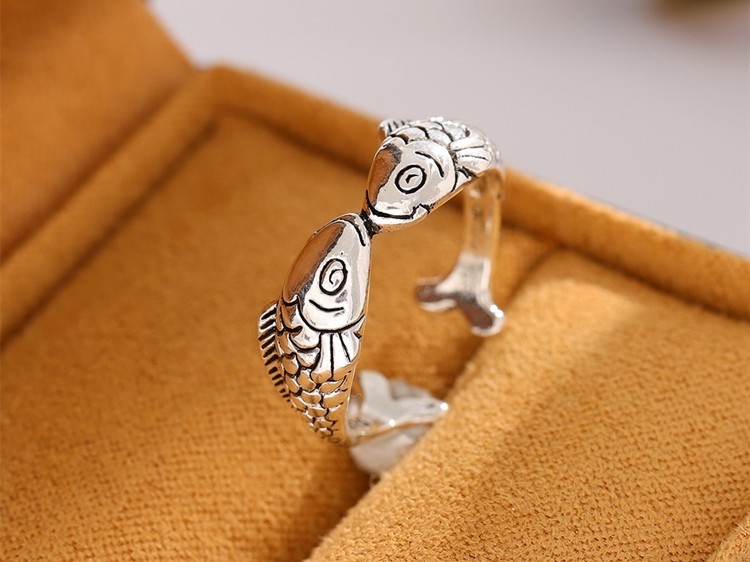Retro 925 Sterling Silver Goldfish Open Ring Adjustable Animal Jewelry Women