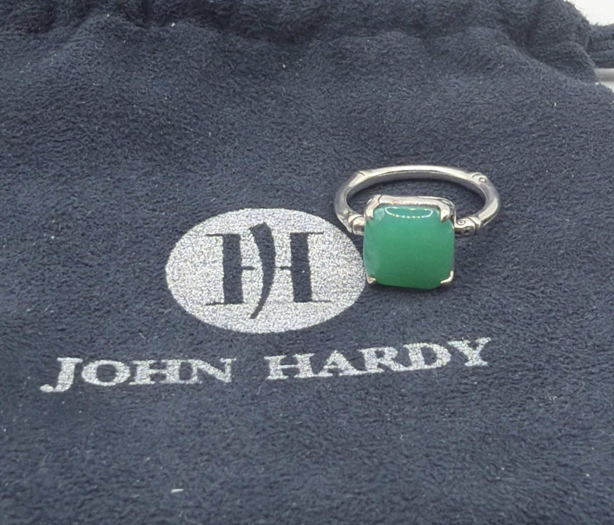 John Hardy Sterling Silver Green Chrysoprase Bamboo Collection Ring Size 8.25