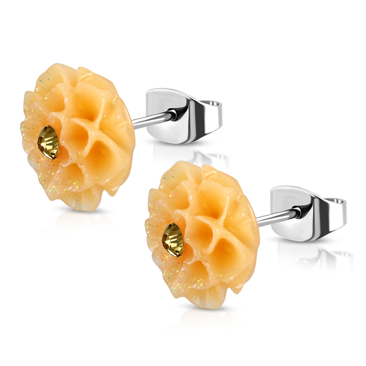 Stainless Steel Resin Dahlias Lotus Flower Floral Cubic Zirconia Stud Earrings