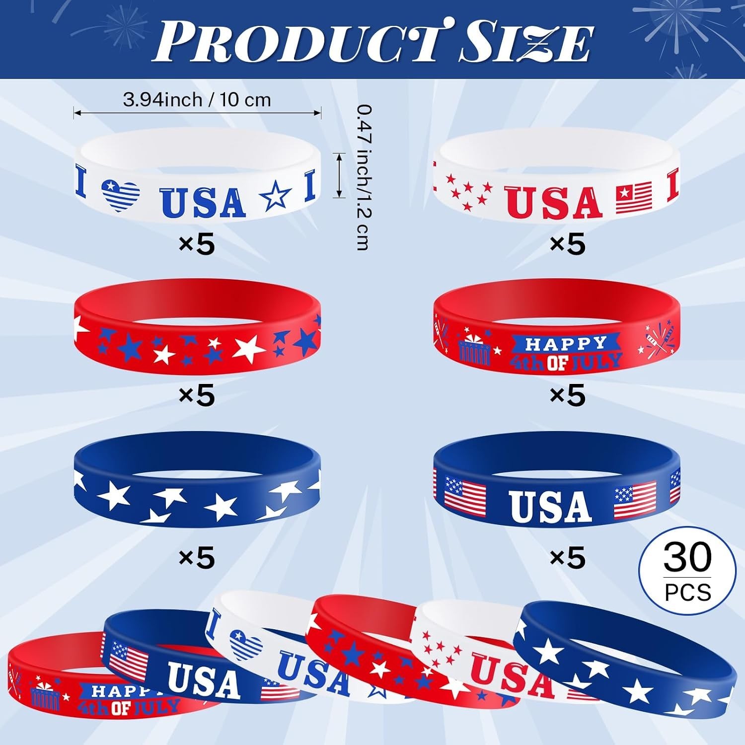 30 PCS 4Th of July Bracelets, Red White and Blue Patriotic Rubber