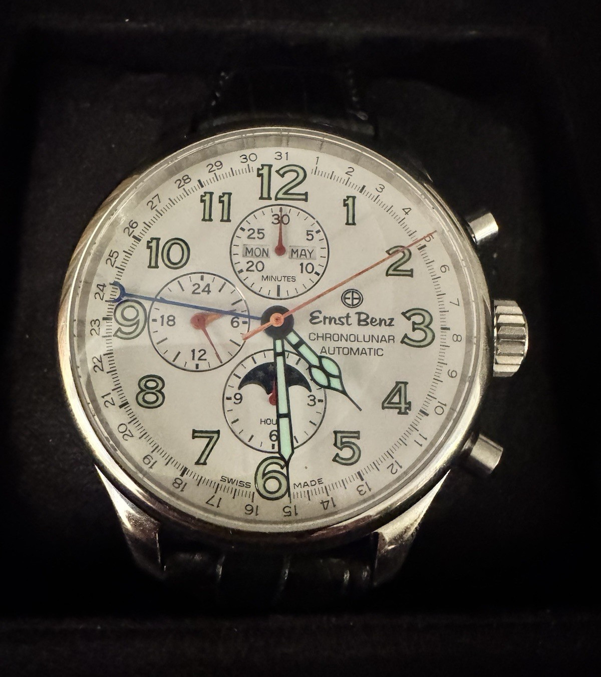 Ernst Benz Chronolunar Auto Chronograph Moon Phase Date 47mm White, Box