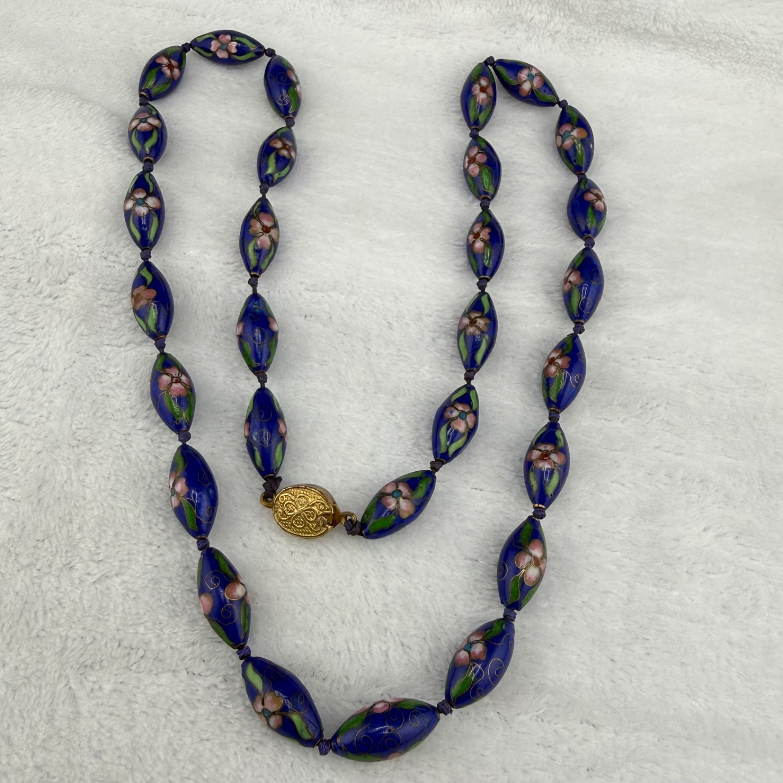 Vintage Chinese Export Cloisonné Beaded Necklace Cobalt Blue 27”