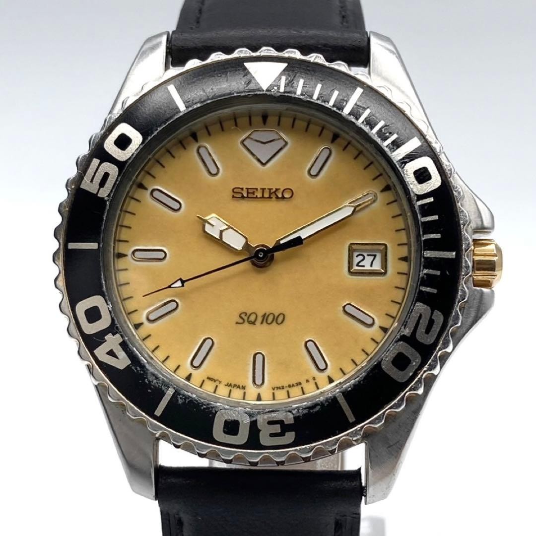Seiko SQ100 V742-8A00 Divers Wristwatch Yellow Dial Stainless Steel Black