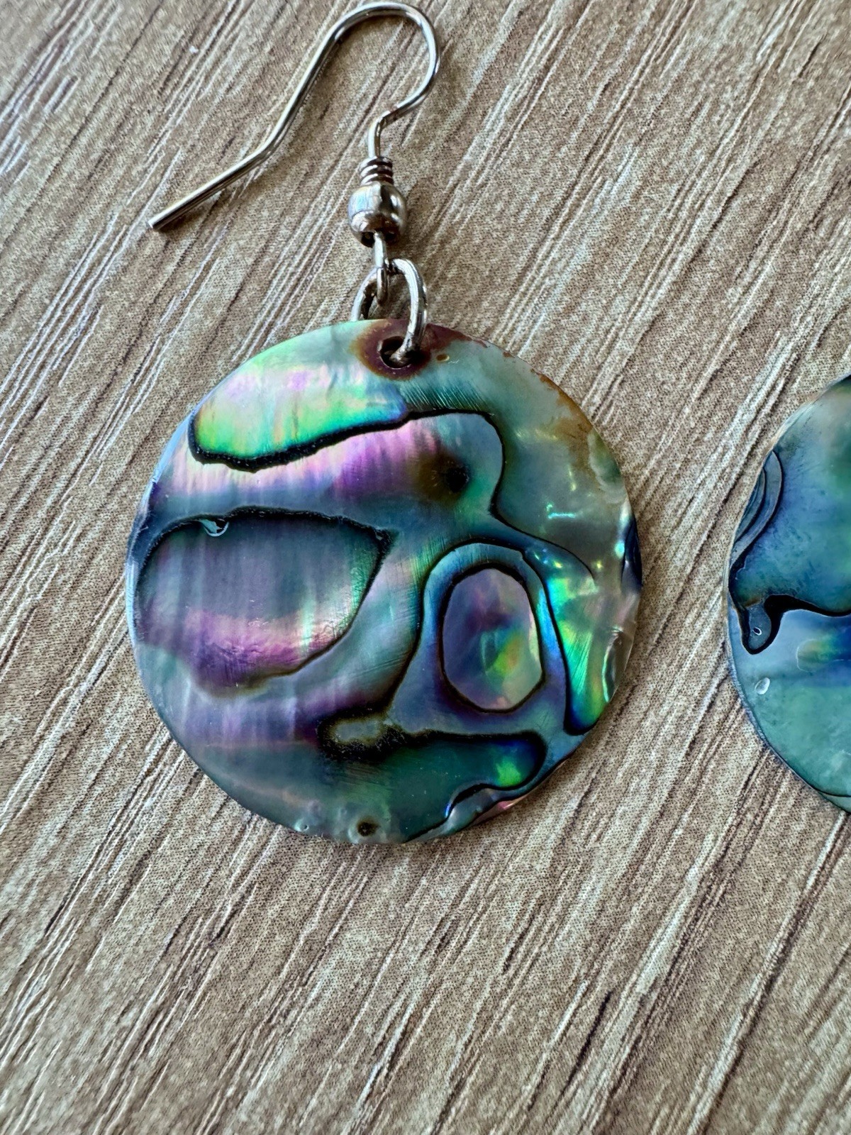 Vintage 90s Iridescent Natural Paua Abalone Shell Disc Drop Earrings Boho