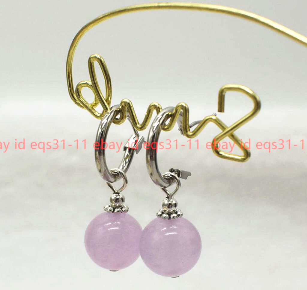 Natural 8/10/12mm Light Purple Jade Round Gemstone Beads Drop Leveback Earrings