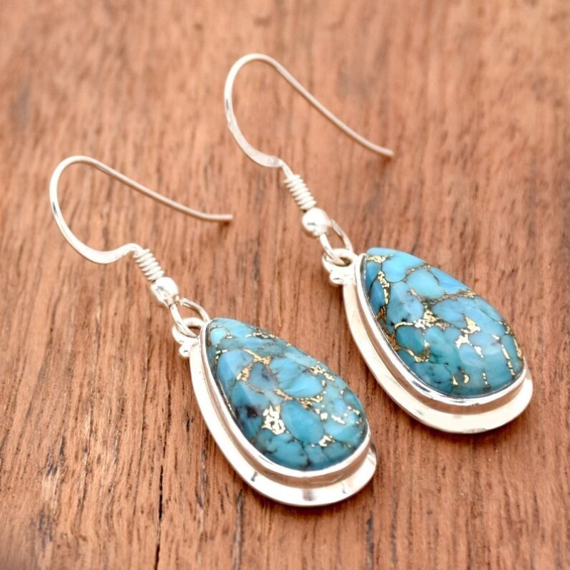 925 Sterling Silver Pear Shape Blue Copper Turquoise Gemstone Earrrings
