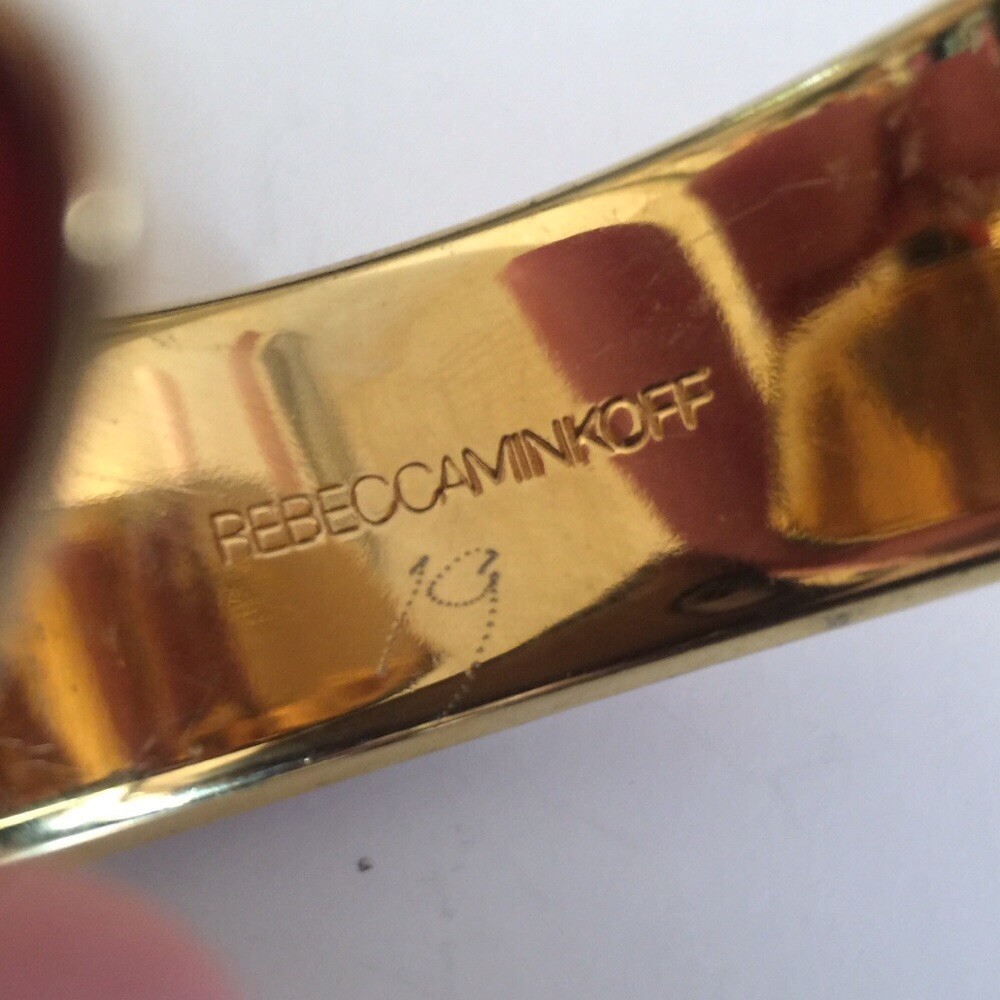 REBECCA MINKOFF ORANGE LEATHER/ENAMEL STUD CUFF GOLD BRACELET