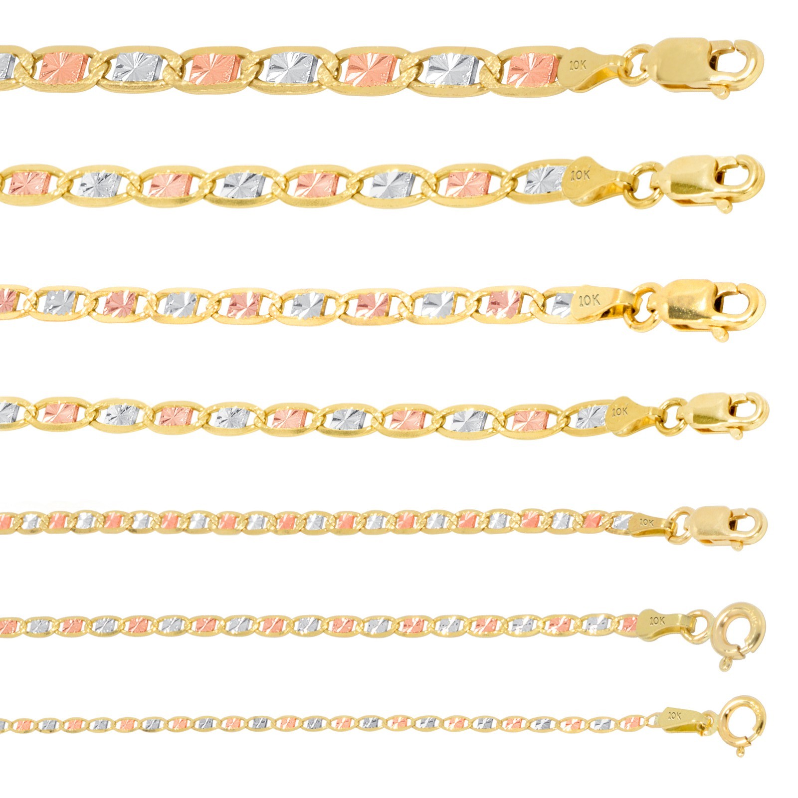 10K Yellow Rose White Gold 1.5mm-5mm Valentino Chain Necklace Bracelet 7″- 26″