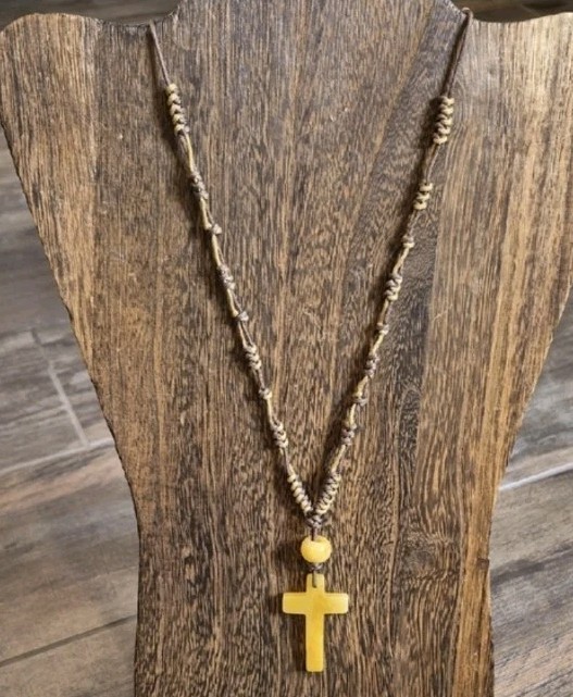 Yellow Lemon Jade Cross Pendant Cord Neckalce, Adjustable Length