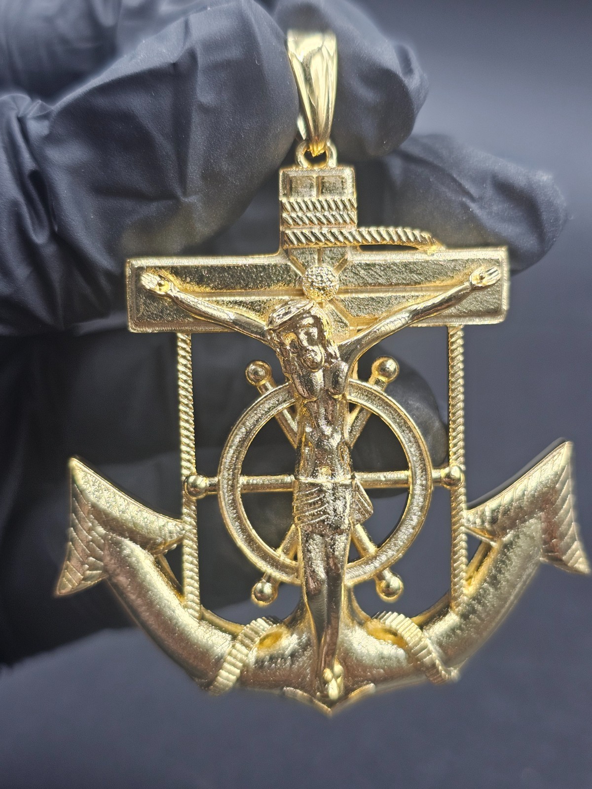 Vintage 14k Yellow Gold Plated Jesus Christ Cross Anchor Ship Pendant