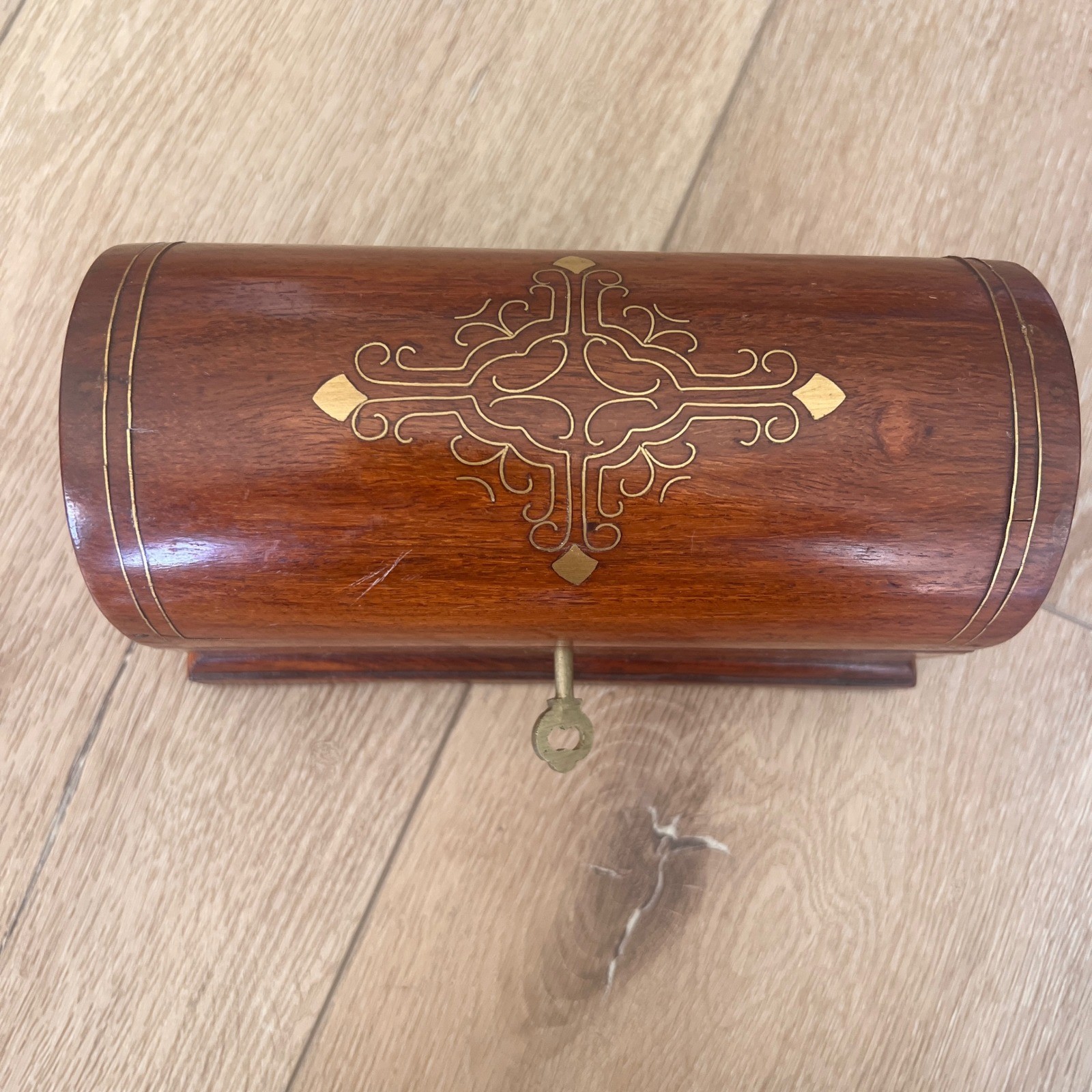 Vintage Wooden Jewelry Box Dome Top Brass Inlay Chest with Key Keepsake Box