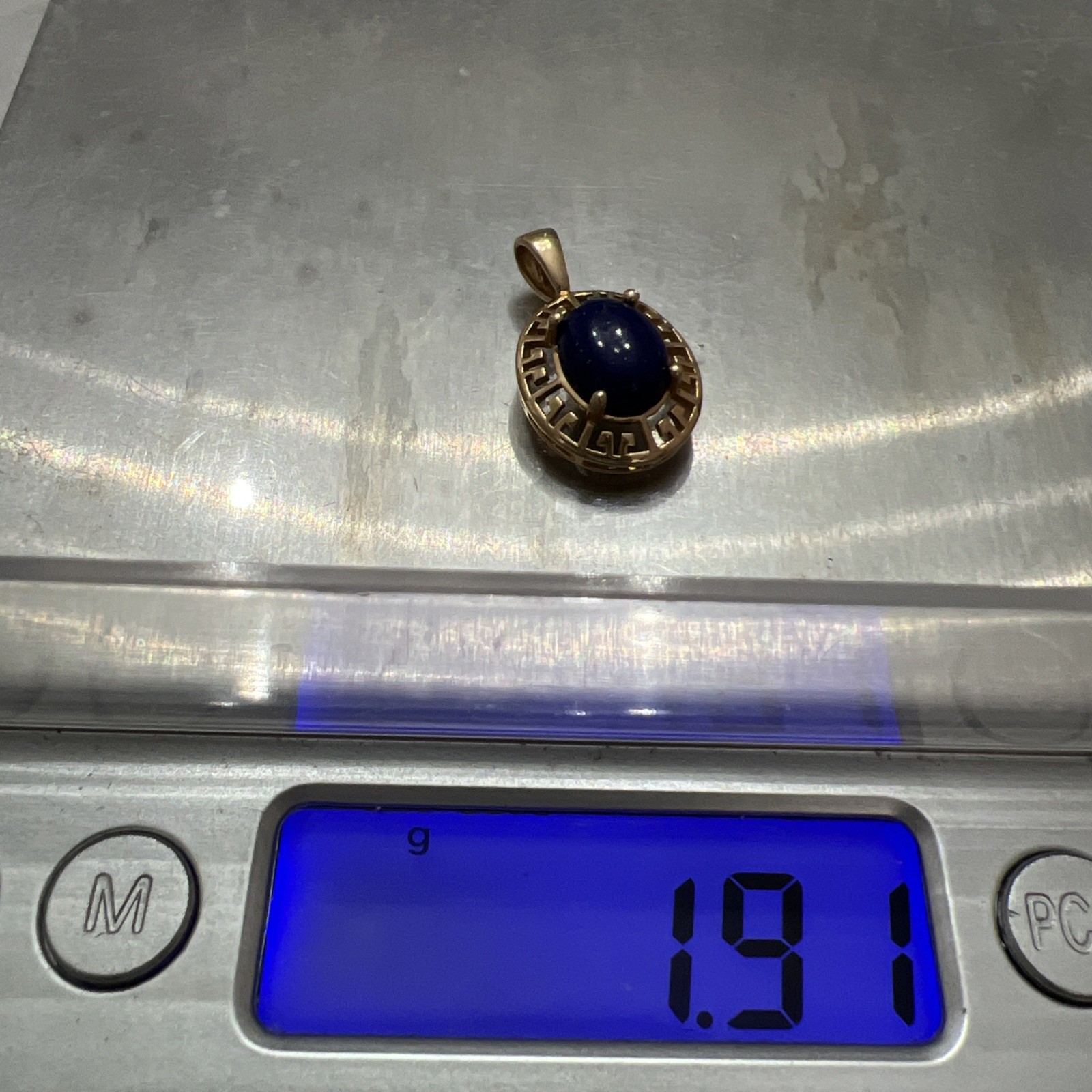 Vintage 14k Yellow Gold Lapis Lazuli Greek Key Oval Pendant
