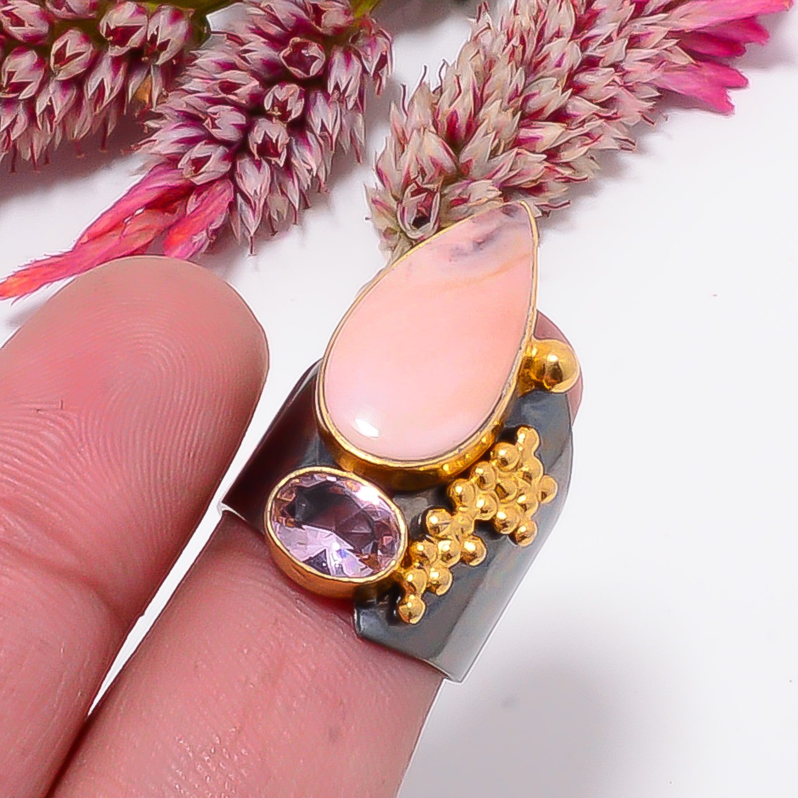 Pink Opal & Pink Kunzite Black And Gold Plated 925 Sterling Silver Ring s.7 Sk10