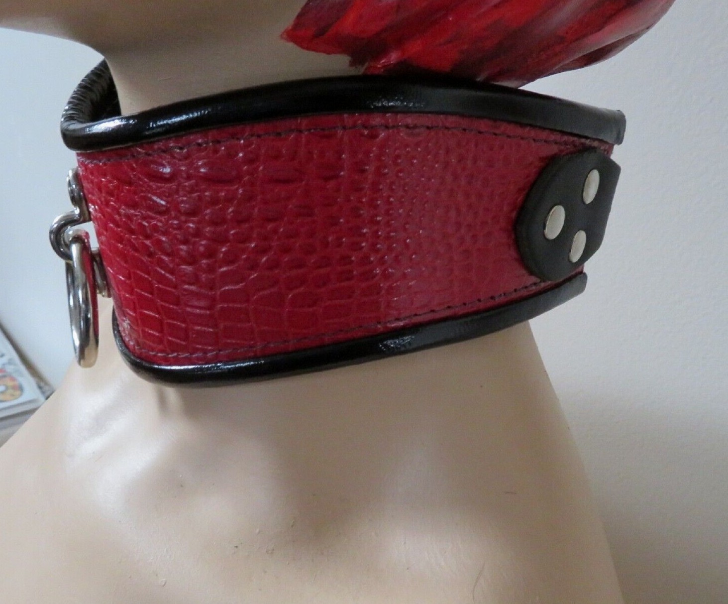 Leather Patent Leather Posture Collar with D & O Rings, Red Handcrafted USA