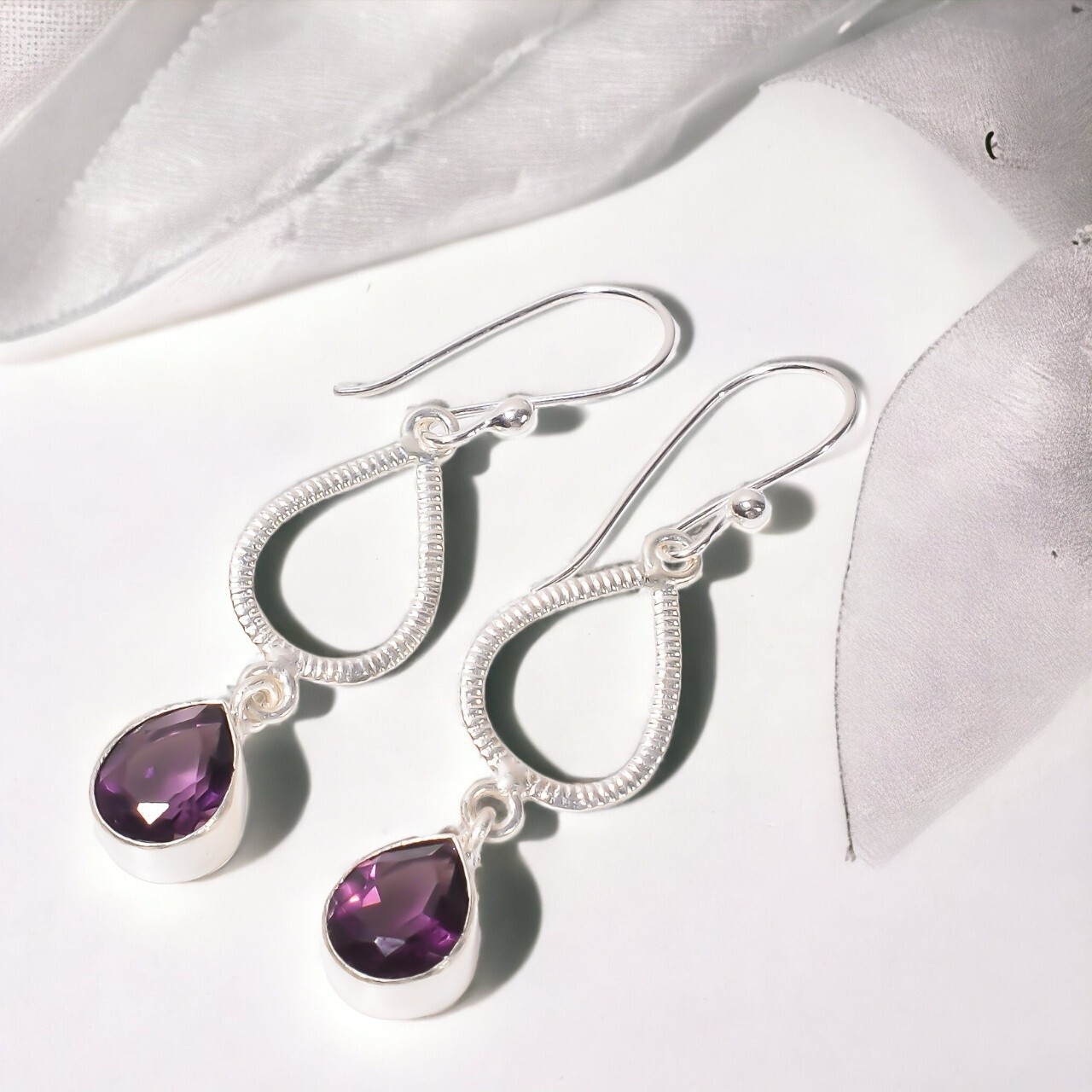 Amethyst Gemstone Dangle Earrings 925 Silver Boho Jewelry 2.2″ For Wedding Gifts
