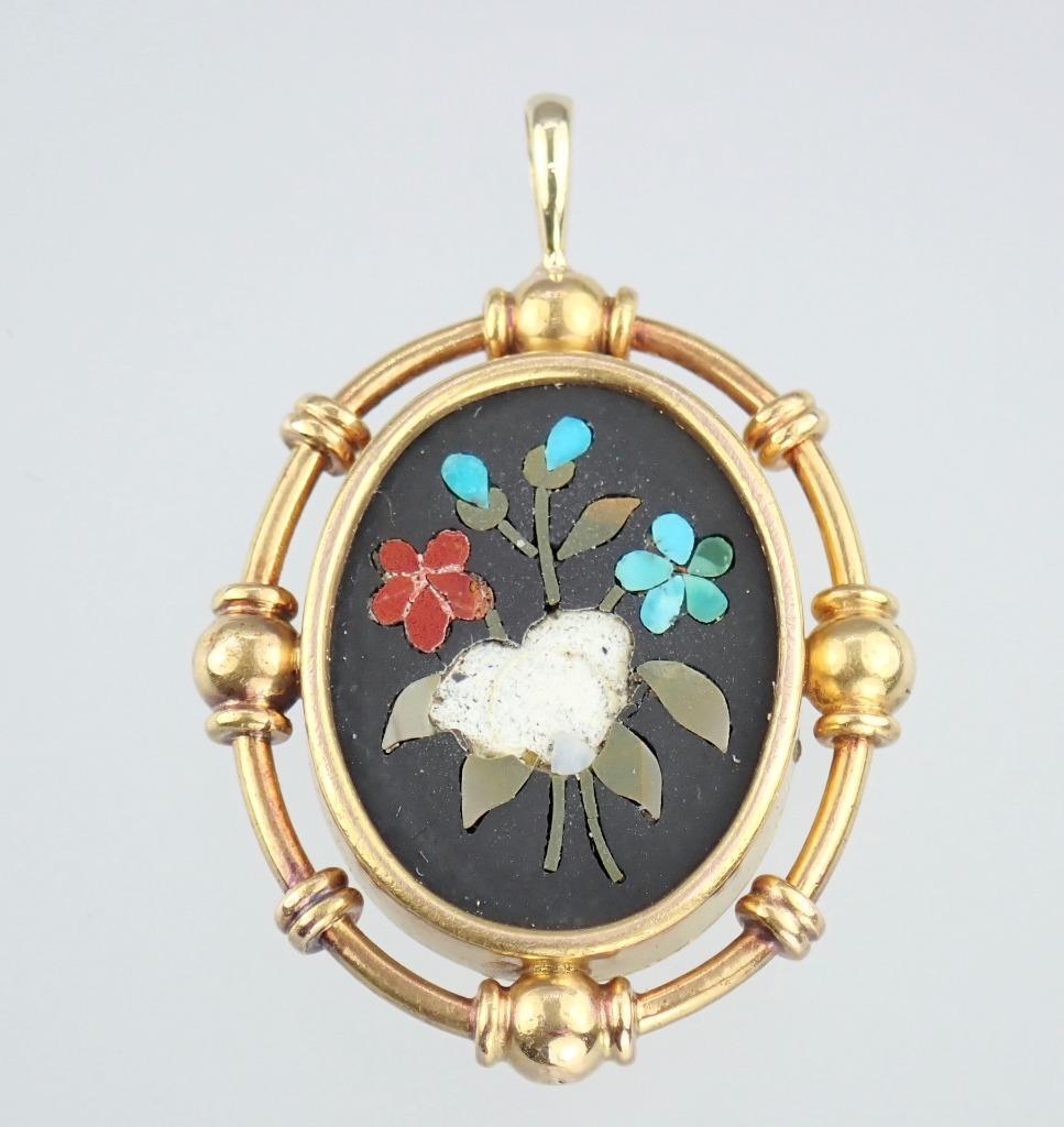 Fine Antique VICTORIAN Solid 18k Gold PIETRA DURA Mosaic Floral MOURNING PENDANT