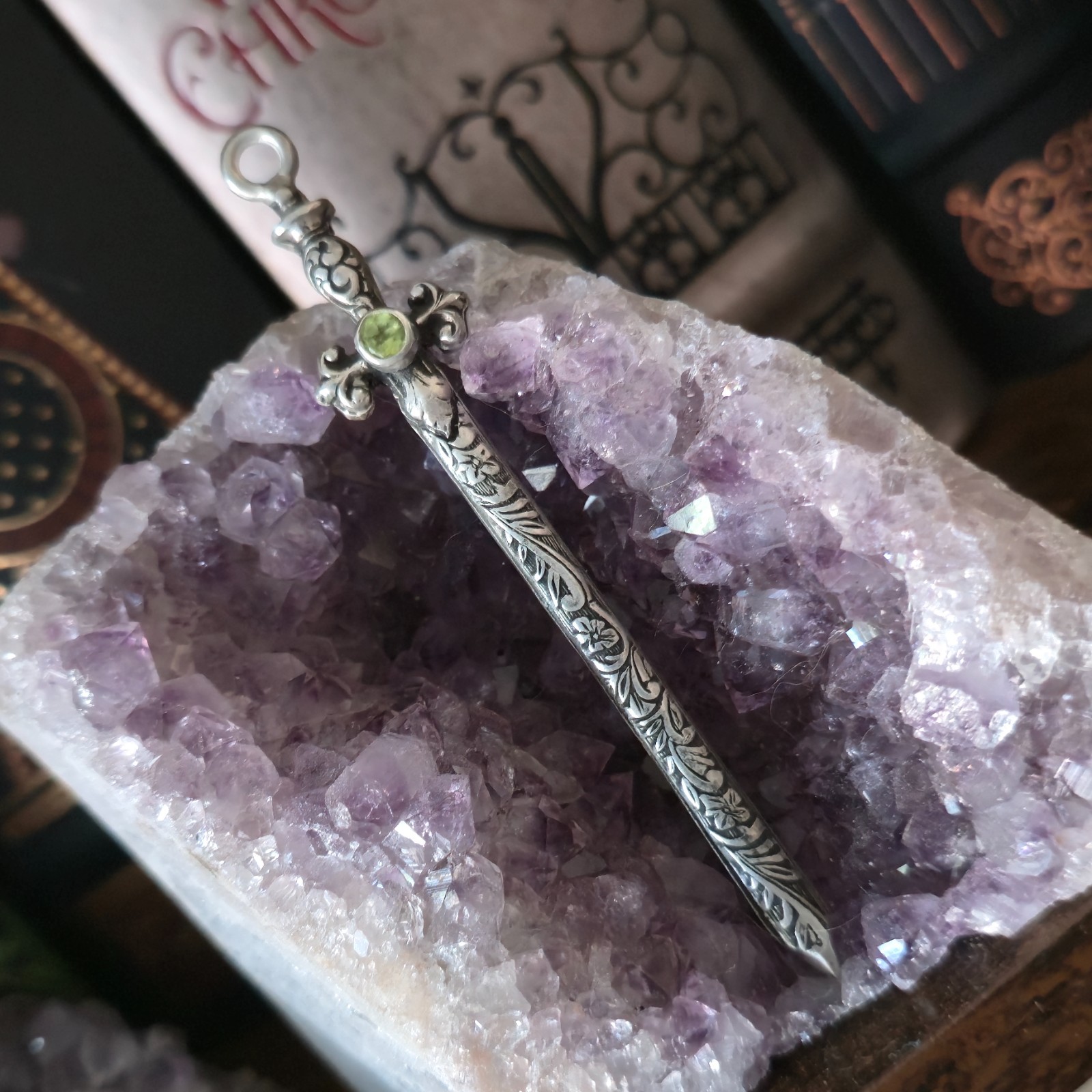 Floral Engraved Sterling Silver Sword Necklace, Gothic Renaissance Style Pendant