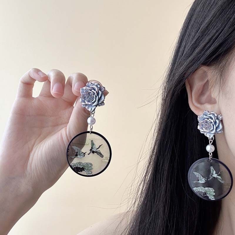 New Blue Rose Crane Earrings Chinese Earrings for Women