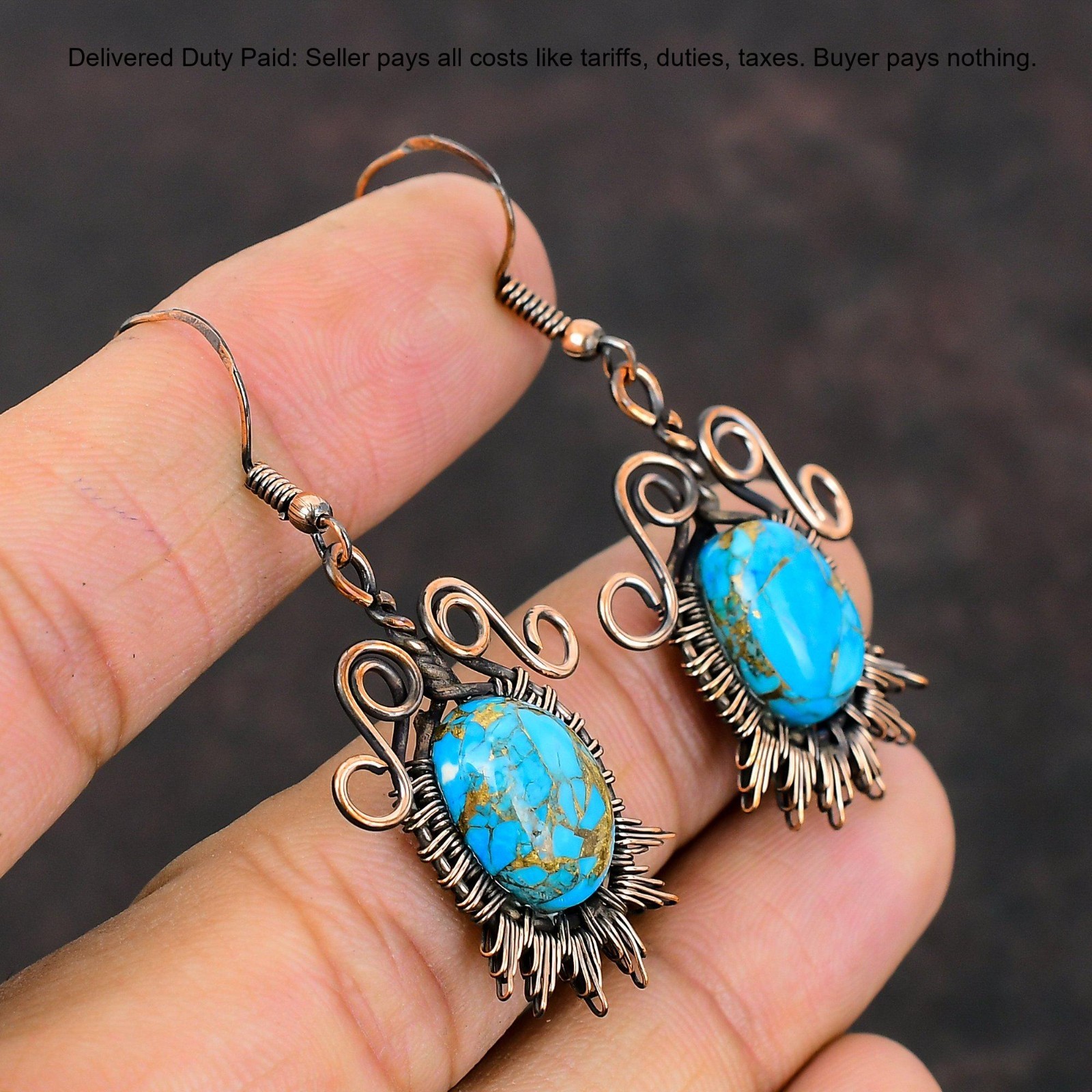 Christmas Deal Copper Copper Blue Turquoise Gemstone Drop Dangle Mother Earrings
