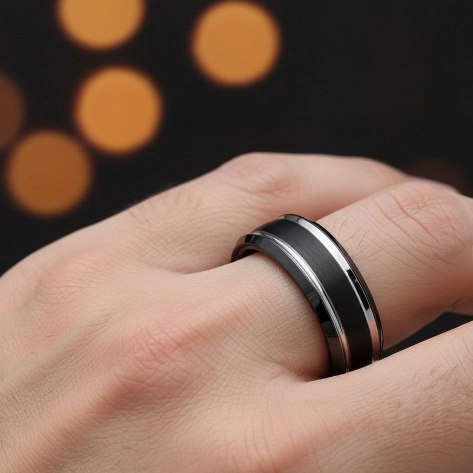 8mm Two-Tone Tungsten Carbide Band, Black IP Brushed Center Steel Color Ring