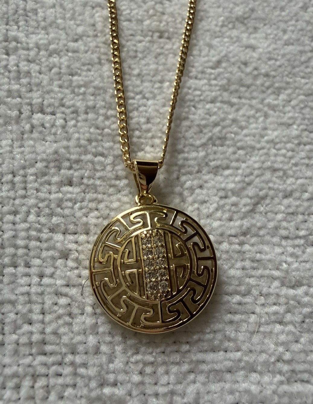 18” Greek Key Pendant Necklace; 18k Gold Filled with BZL GF stamped micro Cuban