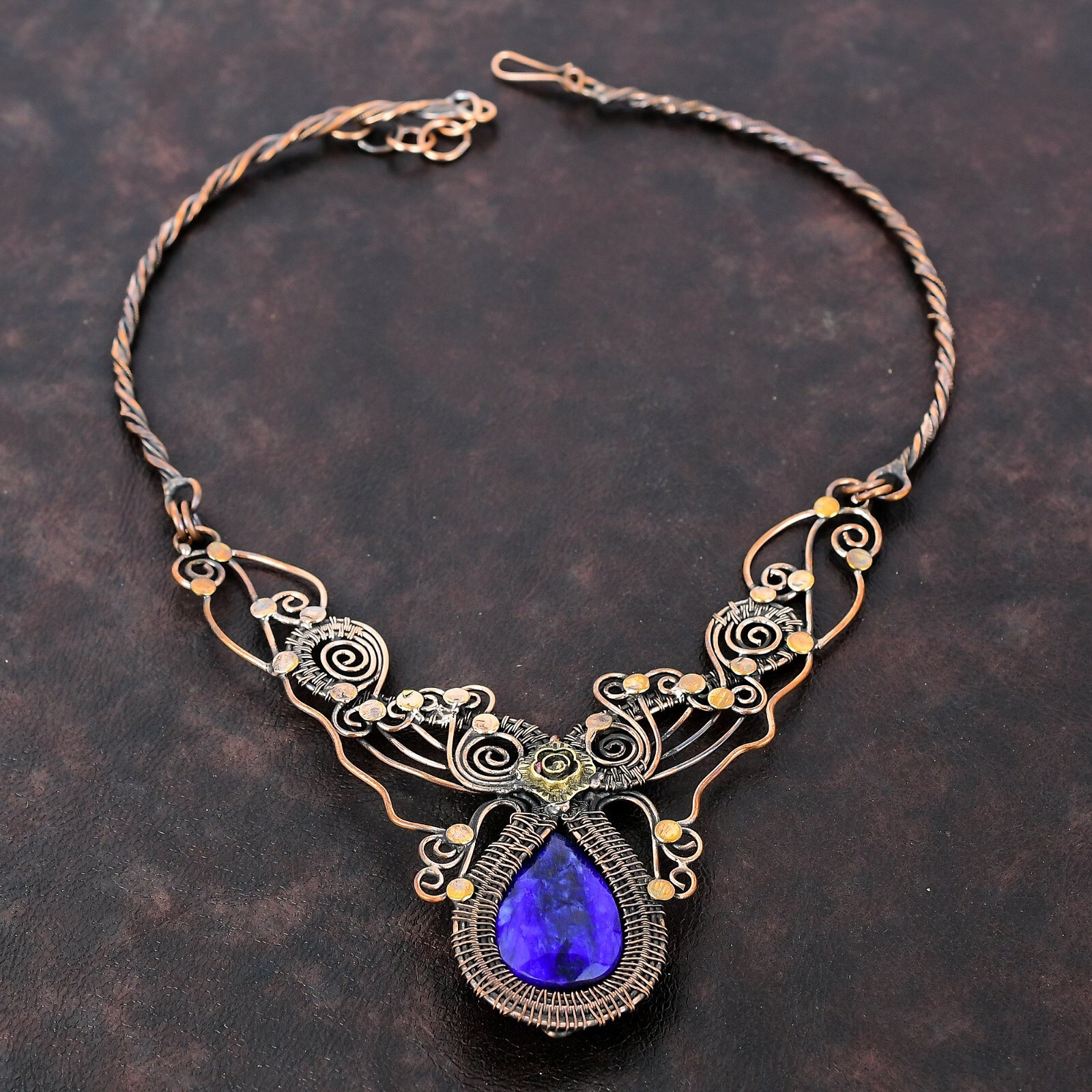 Gift Wire Wrapped Flower Chain Adjustable Necklace Copper Blue Saphire 18.0″