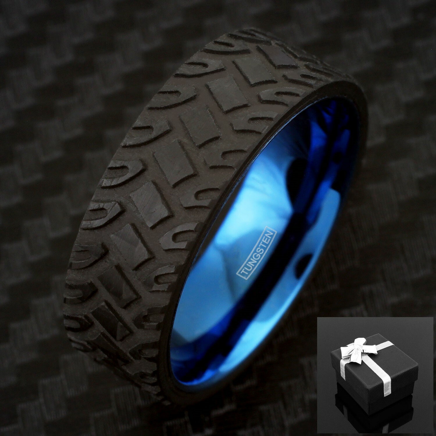 8mm Black Carbon Fiber Jeep Tire Track w/ Blue Tungsten Men’s Wedding Band Ring